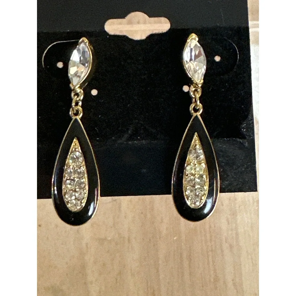 Gold Tone Black Enamel and Crystal Teardrop‎ Drop Earrings Marquise Stud
